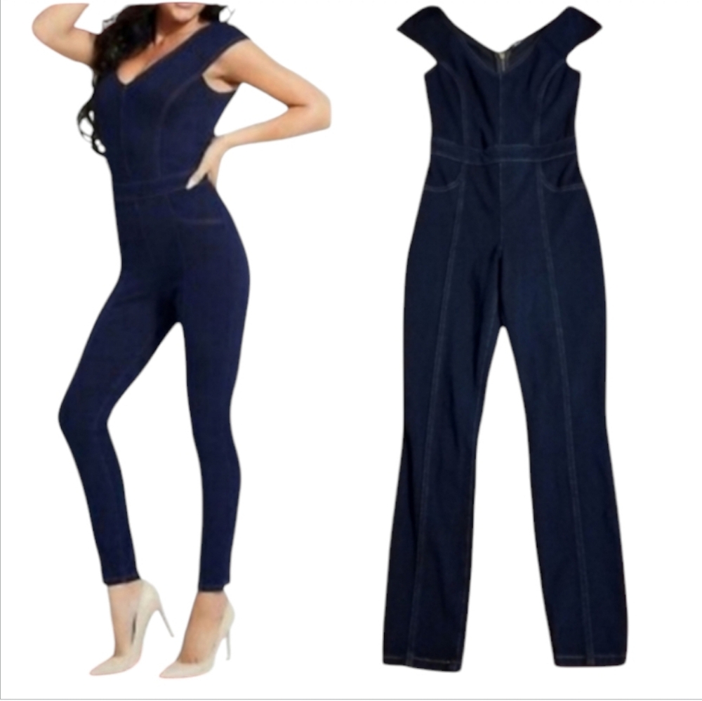 Guess Blue Denim Off The Shoulder Skinny Stretchy Jumpsuit Sz S